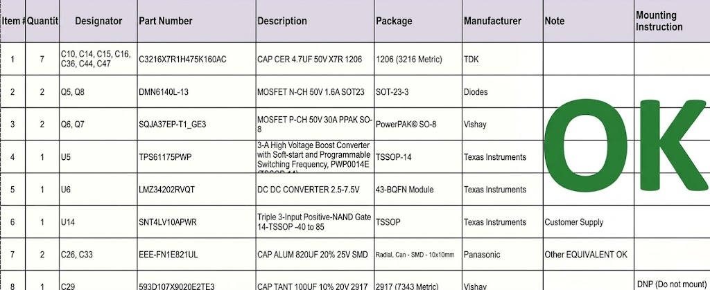 Turnkey PCBA BOM example showing the required Bill of Materials columns for a fast PCBA quote